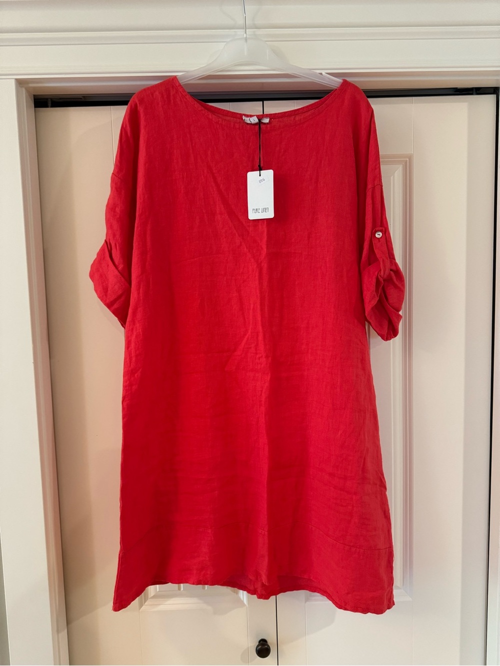 100% LINEN❤️Red Roll-Tab Tunic Top